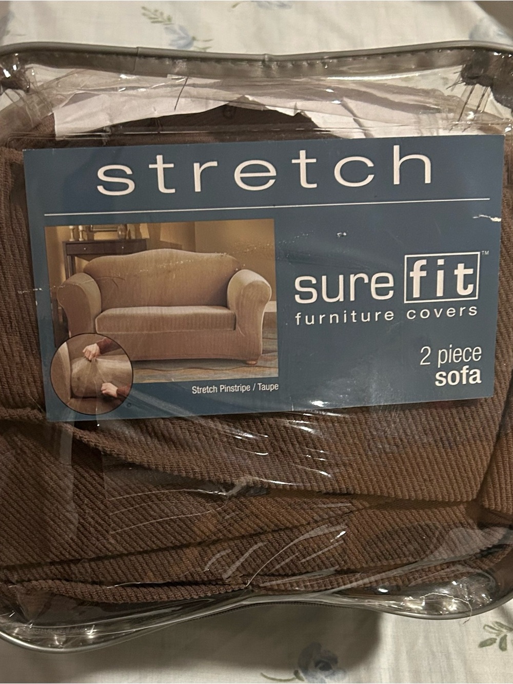 Sure Fit 2 pc Stretch Pinstripe Sofa Cover in Taupe